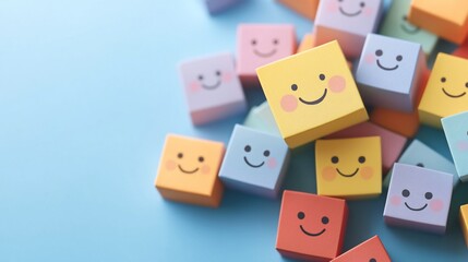 Fototapeta premium Happy colorful cubes on blue background; positive emotion concept