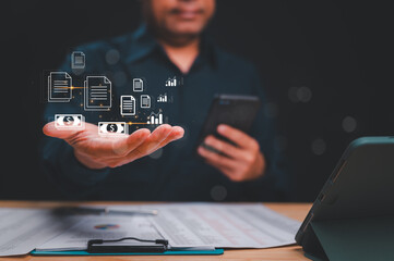 Digital Finance Management, Person analyzes financial data and documents, digital transactions and data visualization with money concepts