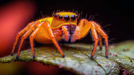 Fototapeta premium Vibrant Orange Jumping Spider: A Macro Photography Masterpiece
