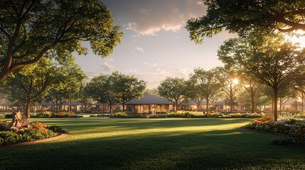 Sunset view of tranquil residential community with lush green lawns, trees, and houses.