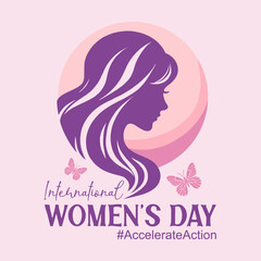 Happy International Women’s Day banner design. Silhouette of a woman’s profile in purple with flowing hair inside a circular background. 2025 Women’s Day campaign theme – #AccelerateAction.