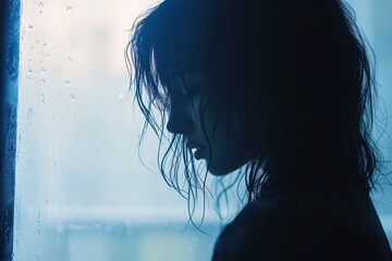 Naklejka premium Silhouette of a woman by a rain-streaked window, dark hair framing her face. Depicts sadness, loneliness, or contemplation, ideal for melancholic themes.