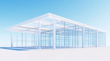 Fototapeta premium Modern glass pavilion, sunny day, empty interior, architectural rendering, design concept