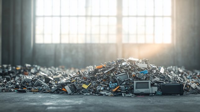 E-waste pile in warehouse, sunlight through window, recycling concept