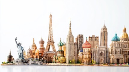 Naklejka premium Miniature world landmarks skyline, travel, tourism, white background, advertising