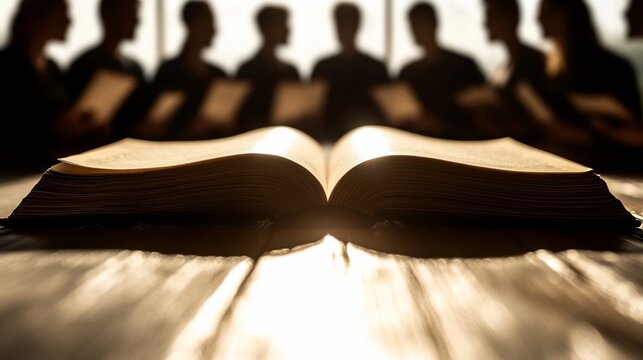 Open Bible, Group Studying, Sunlight, Wooden Table, Religious Education