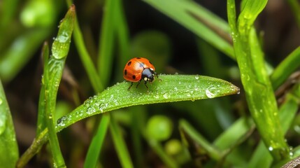 Fototapeta premium Ladybug perched on a green leaf adorned with water droplets in a natural outdoor setting