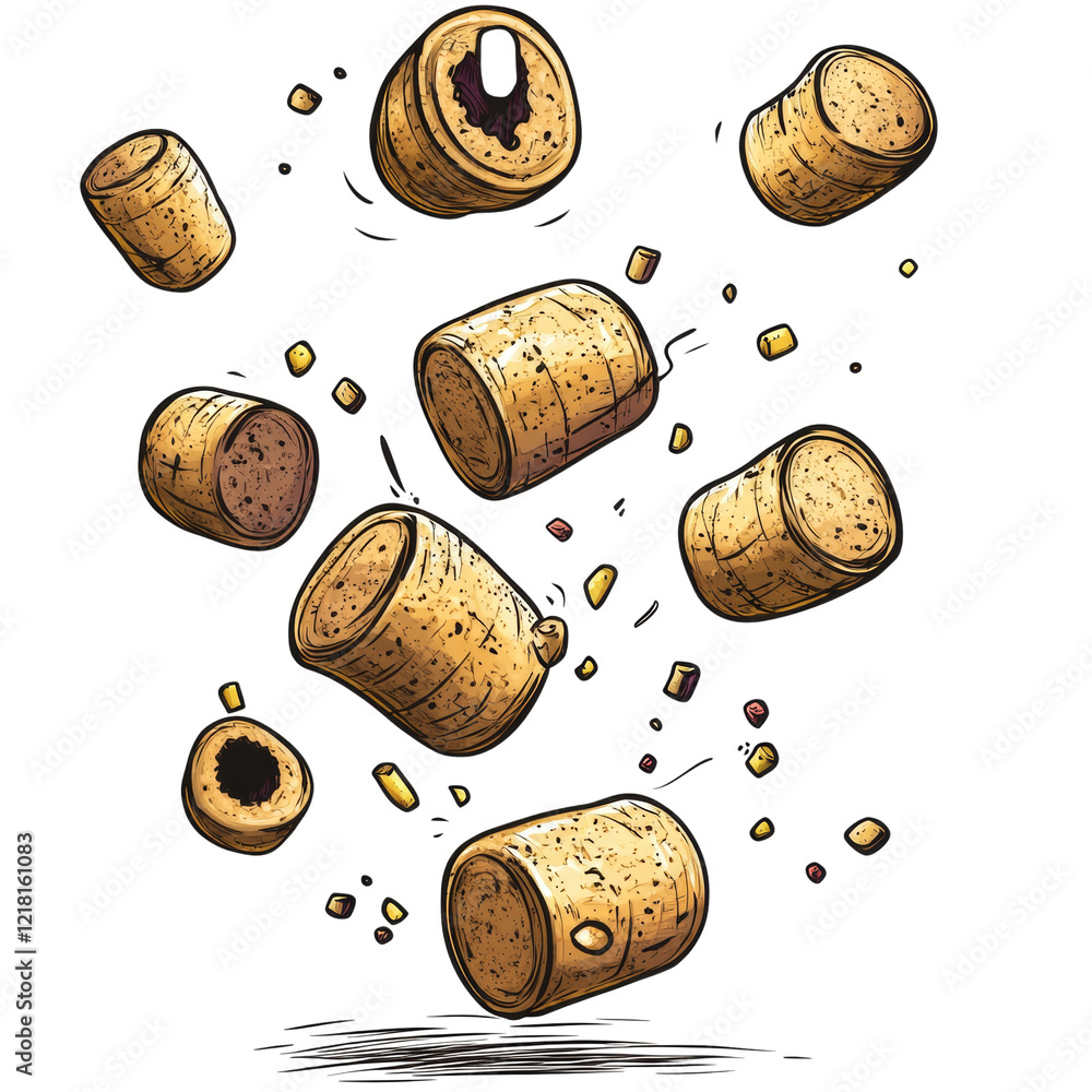 Poster an illustration of multiple wine corks dynamically flying against a black background.