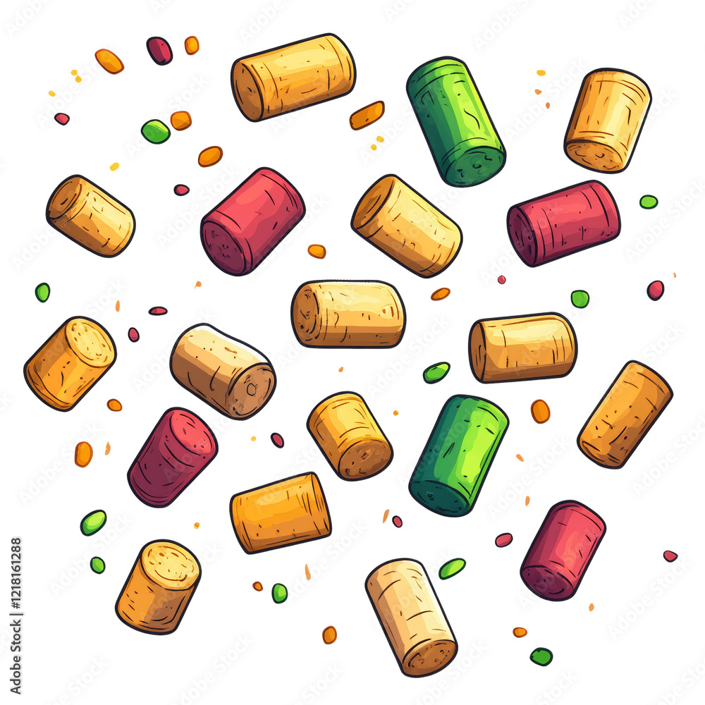 Poster A playful illustration features multicolored wine corks falling against a black background with small dots scattered around.