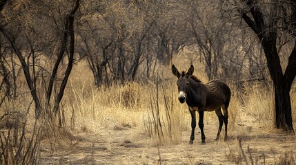 Naklejka premium Donkey in dry forest landscape
