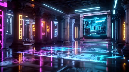 Obraz premium cyberpunk ancient ruins neon digital art - cyberpunk aesthetics