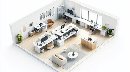 Modern office workspace isometric view, showing desks, chairs, and plants, against white background, for design