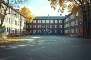 Obraz premium Empty schoolyard with autumn leaves, playground, and basketball court. Perfect for themes of education, childhood, or fall.
