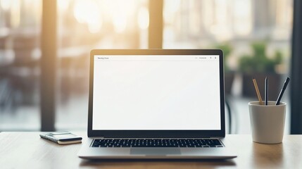 Fototapeta premium Blank laptop screen, cafe, sunrise, work, mockup