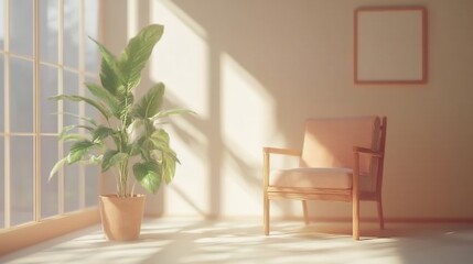 Fototapeta premium Sunlit room, armchair, plant, window, calm, interior, design, peaceful, morning, home