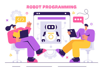 Robot Programming Vector Illustration Featuring an Artificial Intelligence Robot Interacting with a Digital Data Interface for Advanced Technology