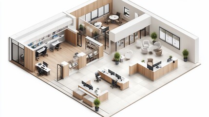 Modern office layout, isometric view, workspace design, plants, meeting area, architectural rendering, for website