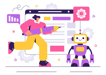 Robot Programming Vector Illustration Featuring an Artificial Intelligence Robot Interacting with a Digital Data Interface for Advanced Technology