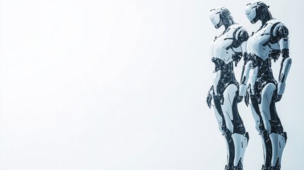 Two robots standing, futuristic background, studio, AI concept