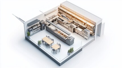 Modern cafe kitchen design, isometric view,  food prep area, dining space, white background, restaurant planning