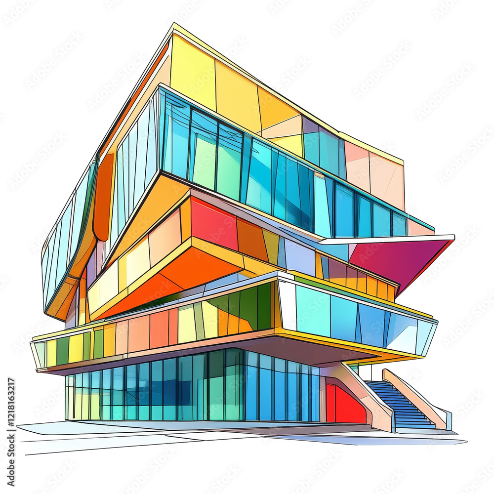 Poster a stylized illustration depicts a modern building with a vibrant and colorful facade featuring vario