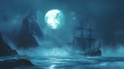 A scene of an ancient ghost ship appearing on a foggy sea on a full moon night
