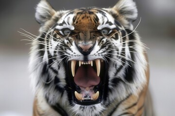 Obraz premium A fierce tiger roaring, showcasing its powerful teeth and striking markings, emphasizing strength and dominance in the wild.