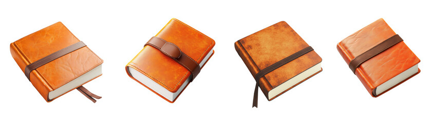 An image showcasing four leather-bound books in varying shades of orange and brown, presented against a stark black backdrop.
