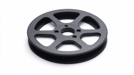 Obraz premium Black film reel on white background, studio shot, media, archiving
