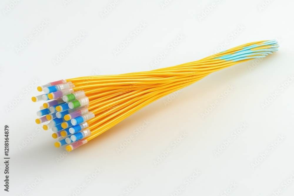 Poster bundle of yellow fiber optic cables with color-coded ends. illustrates high-speed data transmission 