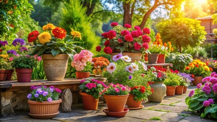 Vibrant colorful flowers arranged in various pots on a sunny patio with lush greenery and a stone bench, home, patio