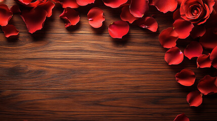 Romantic red rose petals scattered on rustic wooden surface create warm and inviting atmosphere, perfect for special occasions or intimate settings