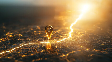 Storm pin map concept. map with location pin and striking lightning bolt illuminating scene