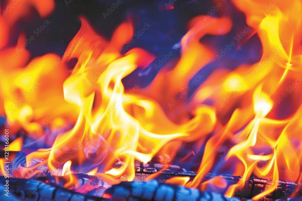 Poster a vibrant display of flames, showcasing shades of orange, yellow, and blue, creating a mesmerizing a
