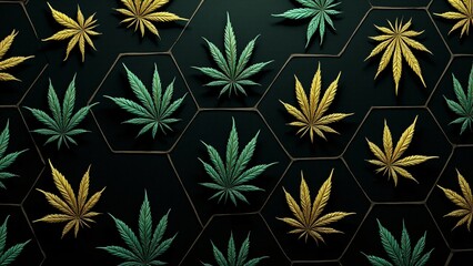 Elegant geometric pattern featuring cannabis leaves in vibrant greens, gold, and turquoise. Perfect for modern designs, textiles, or digital art lovers seeking bold yet refined visuals.