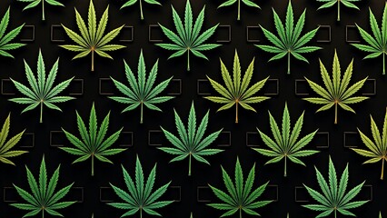 Elegant geometric pattern featuring cannabis leaves in vibrant greens, gold, and turquoise. Perfect for modern designs, textiles, or digital art lovers seeking bold yet refined visuals.