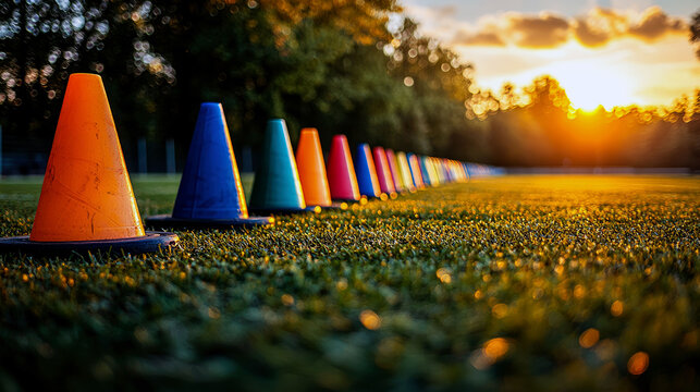 Vibrant Cones on a Lush Green Field at Sunset: Perfect for Sports Training