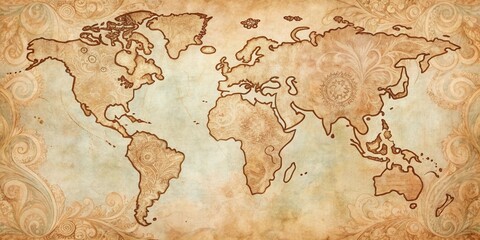 Fototapeta premium Antique World Map Design with Ornate Floral Border, Perfect for Vintage Travel Themed Projects
