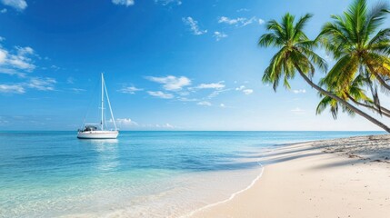 Tropical Beach with Sailboat and Palm Trees
