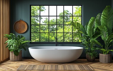 Fototapeta premium Lush green bathroom with freestanding tub, large window, and plants.