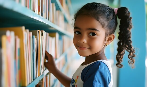 Happy elementary school student choosing a book from the classroom shelf, Generative AI 