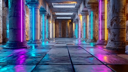 Fototapeta premium neon lights ancient temple corridor - retrofuturism