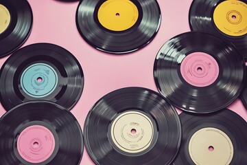Vintage Vinyl Records on Pink Background