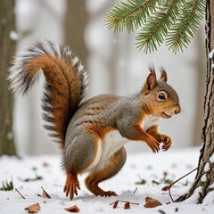 Fototapeta premium Playful squirrel leaping from branch to branch, its bushy tail creating a whimsical dance on the white ground, captured in motion.