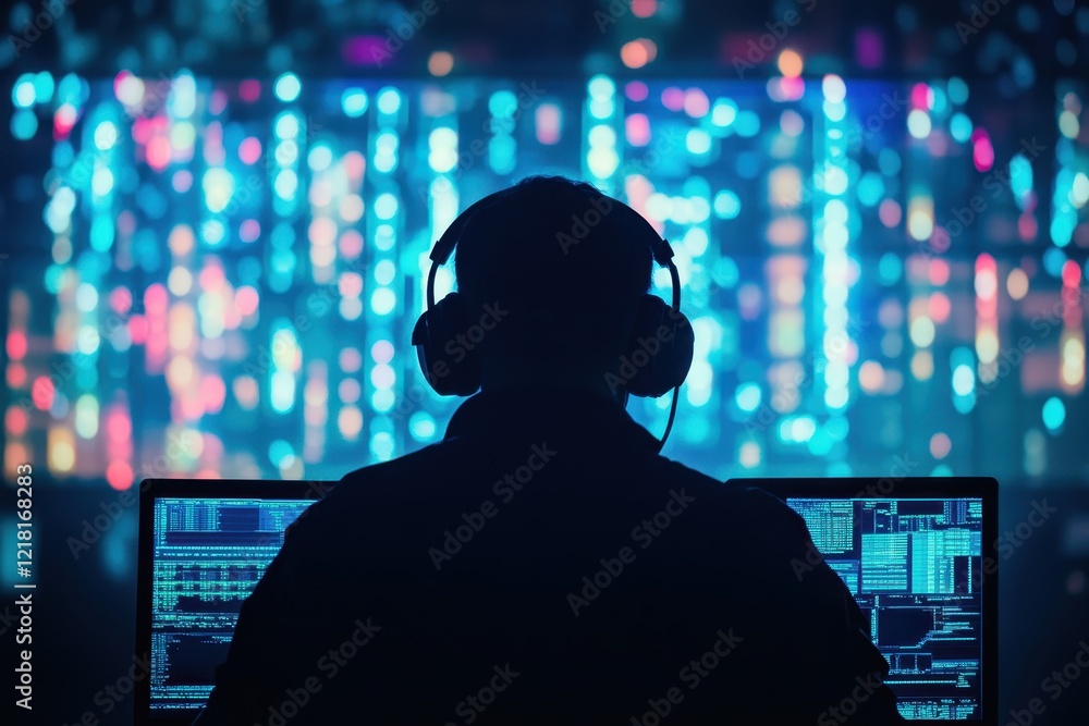 Poster silhouetted person wearing headphones, focused on dual computer screens displaying code. ideal for c