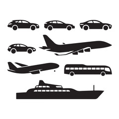 Simple Black Silhouette Icons of Various Transportation Vehicles