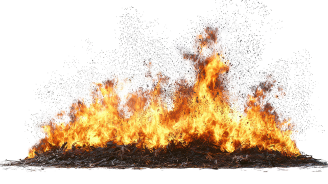 Huge bonfire burning intensely with sparks against black background, for VFX