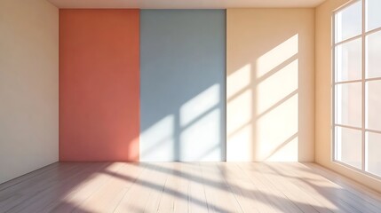 Fototapeta premium Sunlit Room With Pastel Walls And Wooden Floor