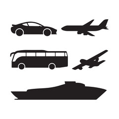 Simple Black Silhouette Icons of Various Transportation Vehicles