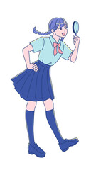 虫眼鏡を覗くアニメ調の女子学生